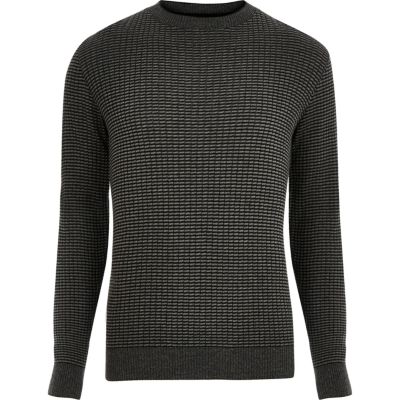 Dark grey ribbed knitted slim fit jumper